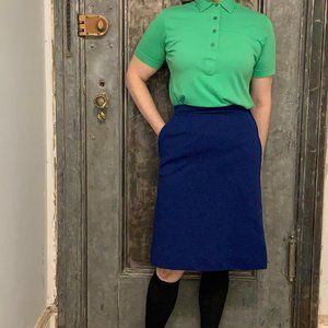 Vintage 70s jewel tone blue A-line midi skirt  high waisted 26" waist extra smal